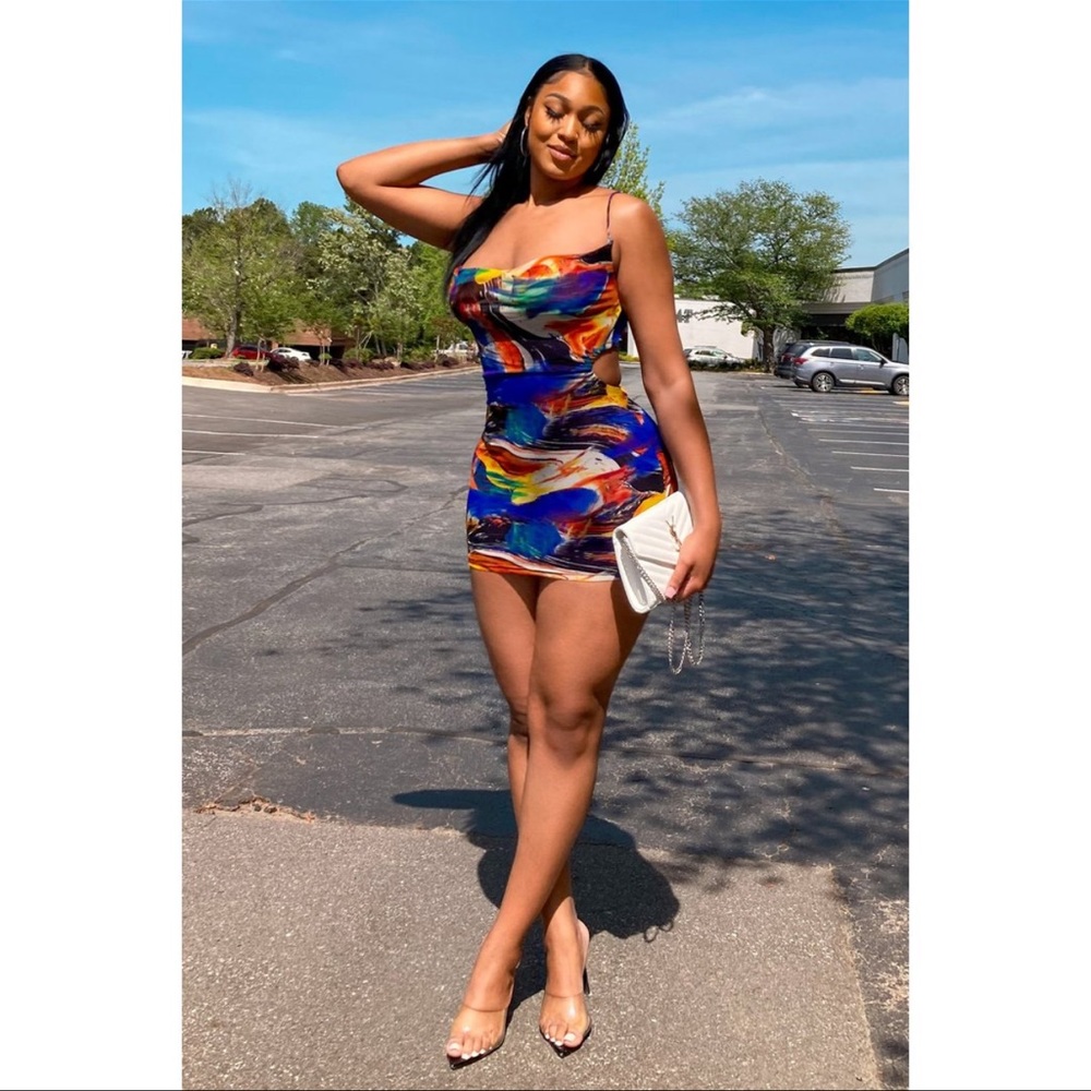 Printed Mesh Cowl Neck Mini Dress